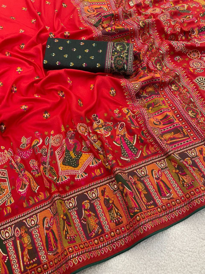 Heritage Chronicle Art Weave Saree with Intricate Traditional Narrative Border - RED