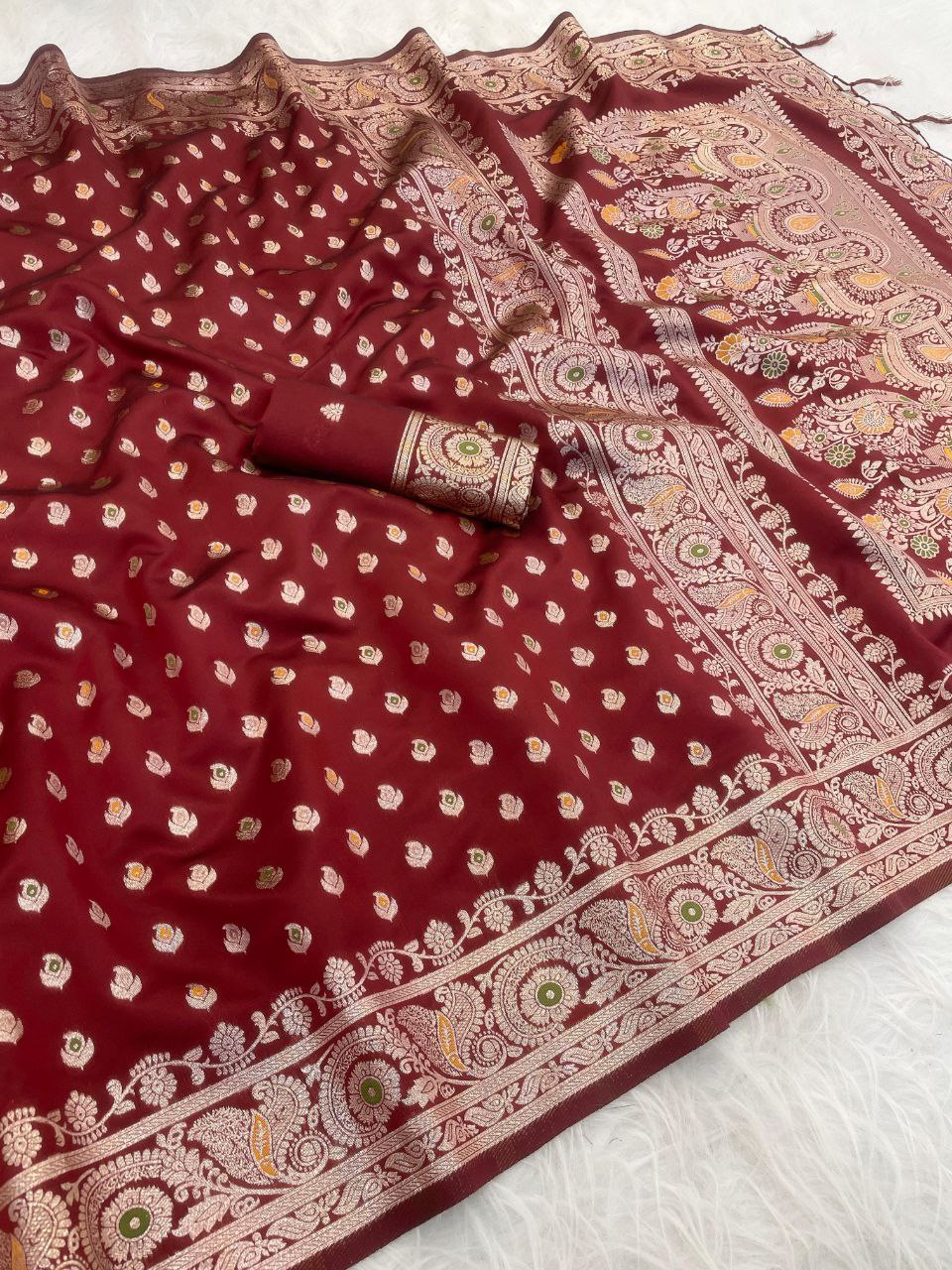 Royal Maroon Banarasi Silk Saree with Rich Zari Woven Border &amp; Elegant Pallu