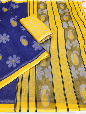 Blue Mango Soft Linen Cotton Printed Saree with Matching Blouse Piece