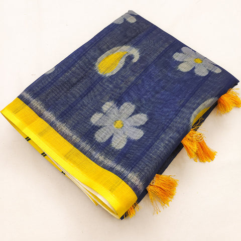 Blue Mango Soft Linen Cotton Printed Saree with Matching Blouse Piece