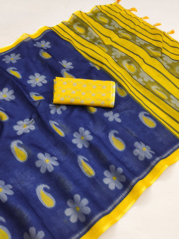 Blue Mango Soft Linen Cotton Printed Saree with Matching Blouse Piece