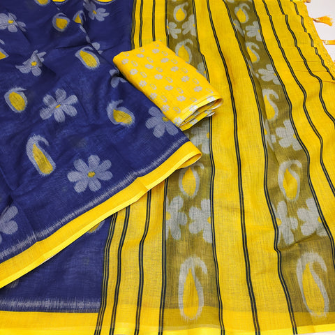 Blue Mango Soft Linen Cotton Printed Saree with Matching Blouse Piece