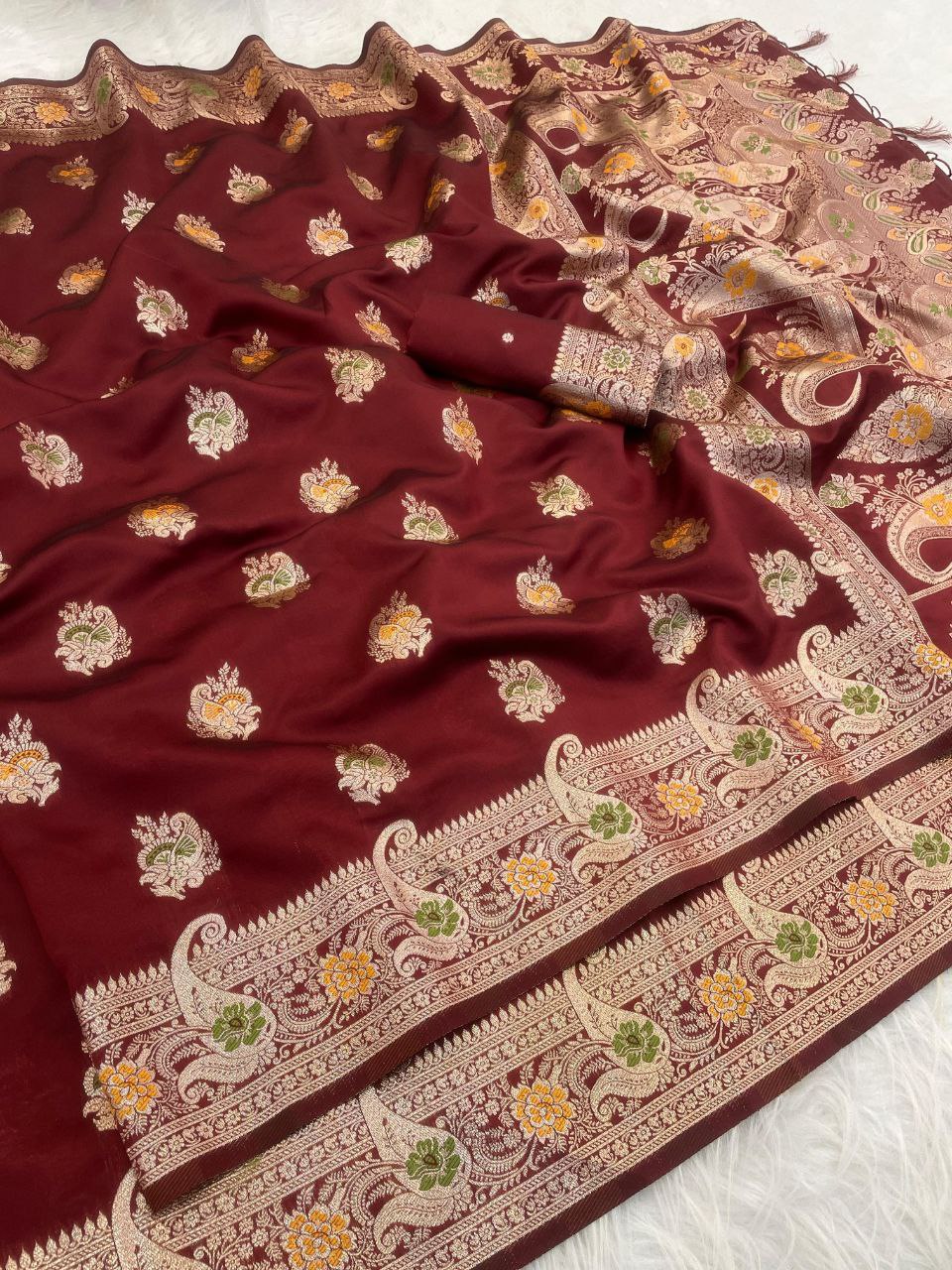 Elegant Kanjivaram Banarasi Soft Silk Saree with All Over Meena Work - MAROON