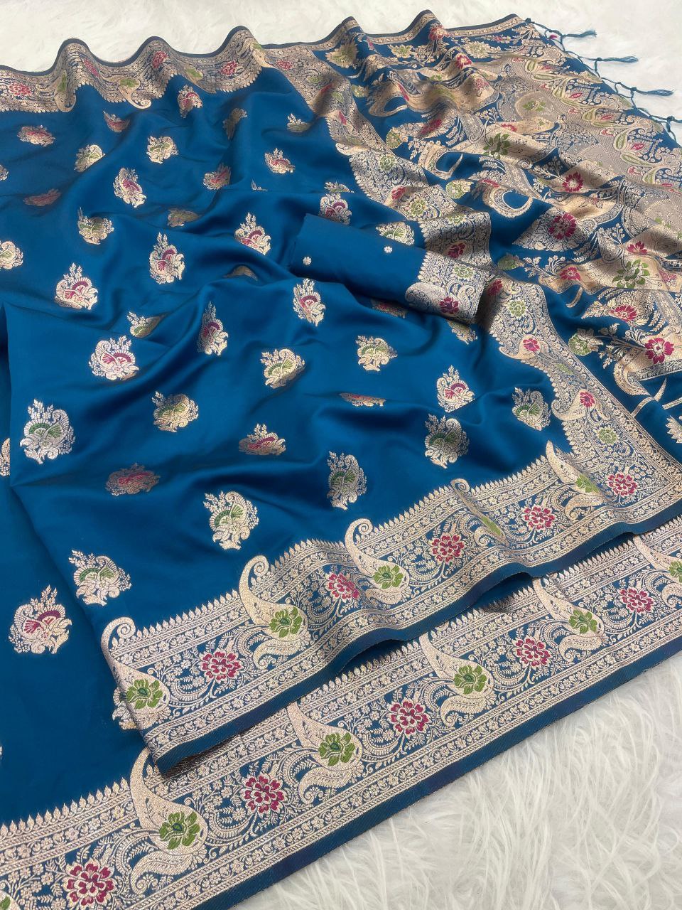 Elegant Kanjivaram Banarasi Soft Silk Saree with All Over Meena Work - BLUE