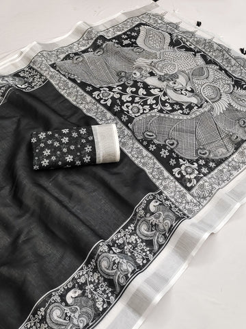 Classic Handloom Printed Saree with Zari Border