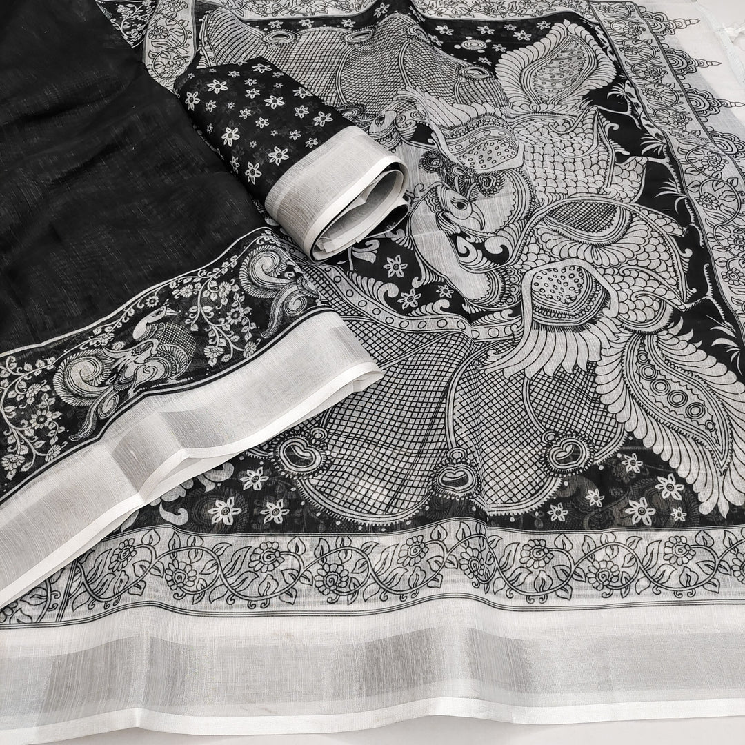 Classic Handloom Printed Saree with Zari Border