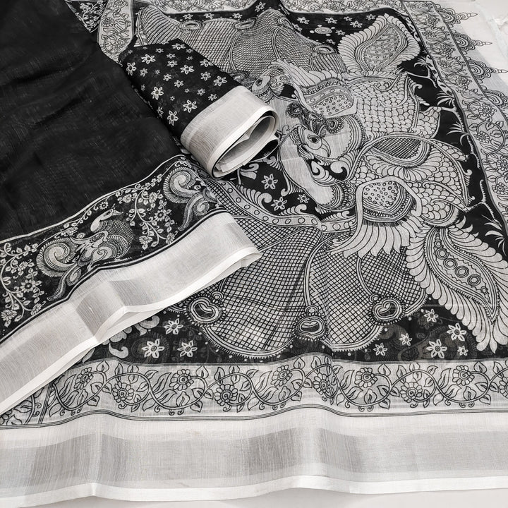 Classic Handloom Printed Saree with Zari Border