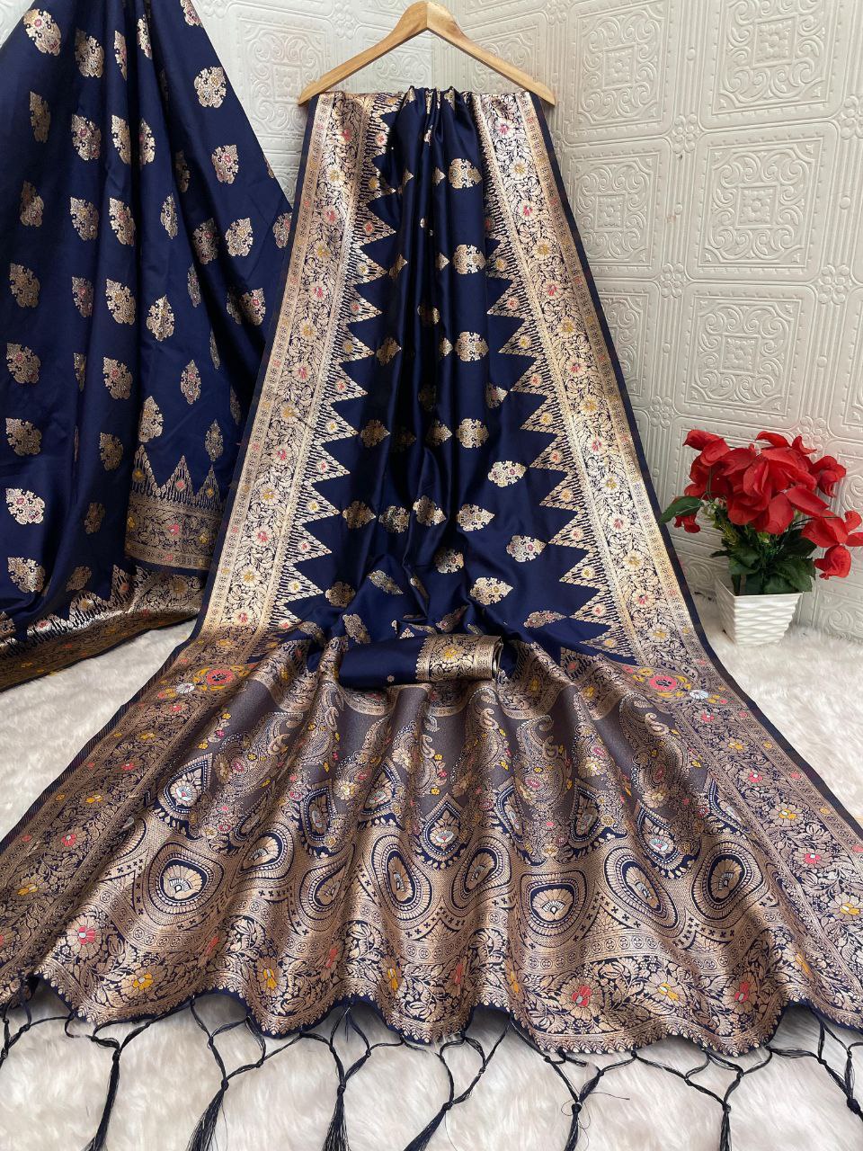 Premium Kanjivaram Banarasi Soft Silk Saree with All Over Meena Work - PURPLE