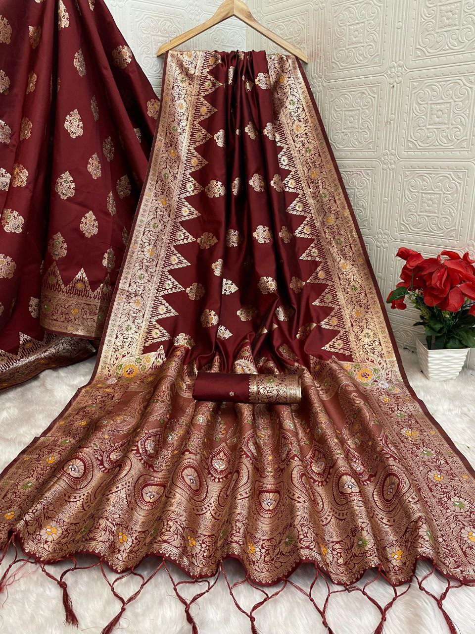 Premium Kanjivaram Banarasi Soft Silk Saree with All Over Meena Work - MAROON
