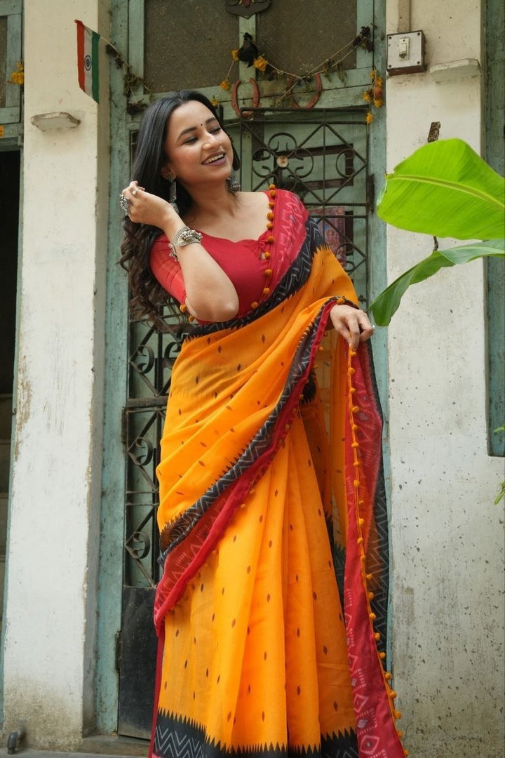 Elegant Soft Linen Cotton Ikkat Printed Saree with Pum Pum Lace Border &amp; Printed Blouse Piece