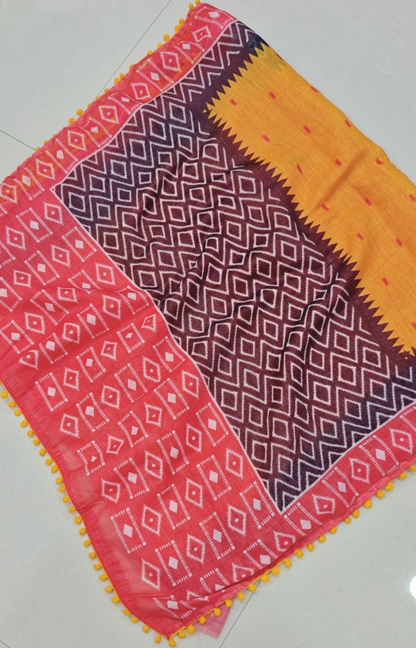 Elegant Soft Linen Cotton Ikkat Printed Saree with Pum Pum Lace Border &amp; Printed Blouse Piece