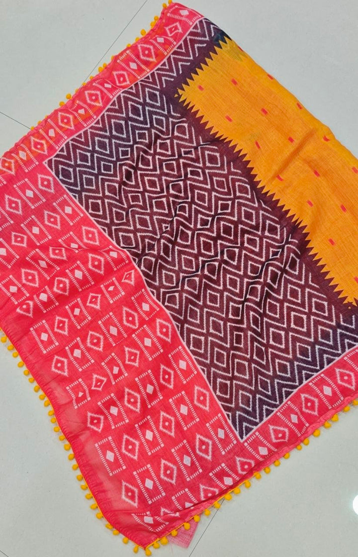 Elegant Soft Linen Cotton Ikkat Printed Saree with Pum Pum Lace Border &amp; Printed Blouse Piece
