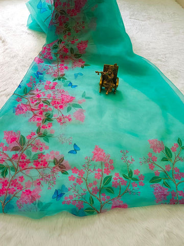 TRENDY VERY SOFT ORGANZA SILK SAREE WITH BEUTIFULL DIGITAL PRINT AND HAND WORK CLASSIC SAREE