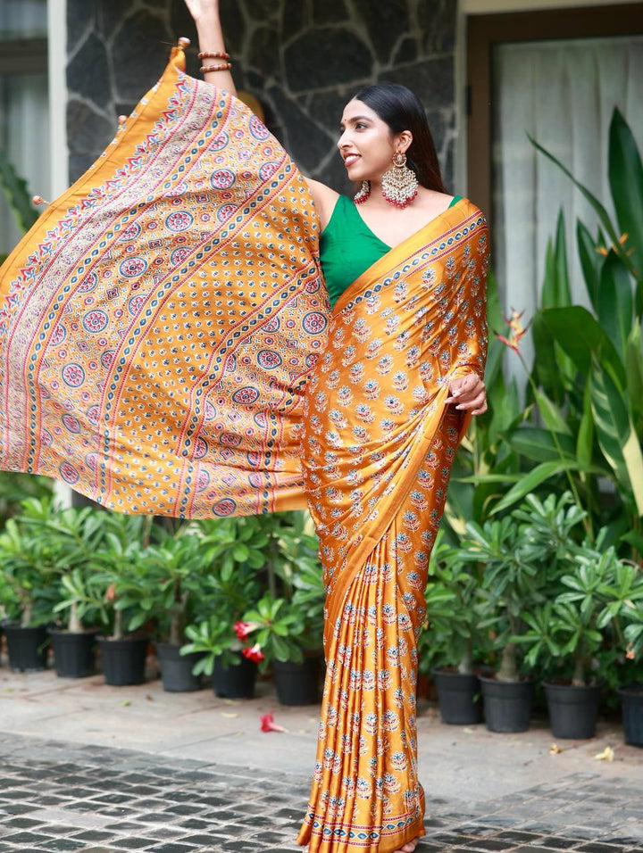 Designer Soft Satin Crepe Ajrakh Print Saree with Real Mirror Work &amp; Latkan - YELLOW