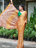 Designer Soft Satin Crepe Ajrakh Print Saree with Real Mirror Work & Latkan - YELLOW