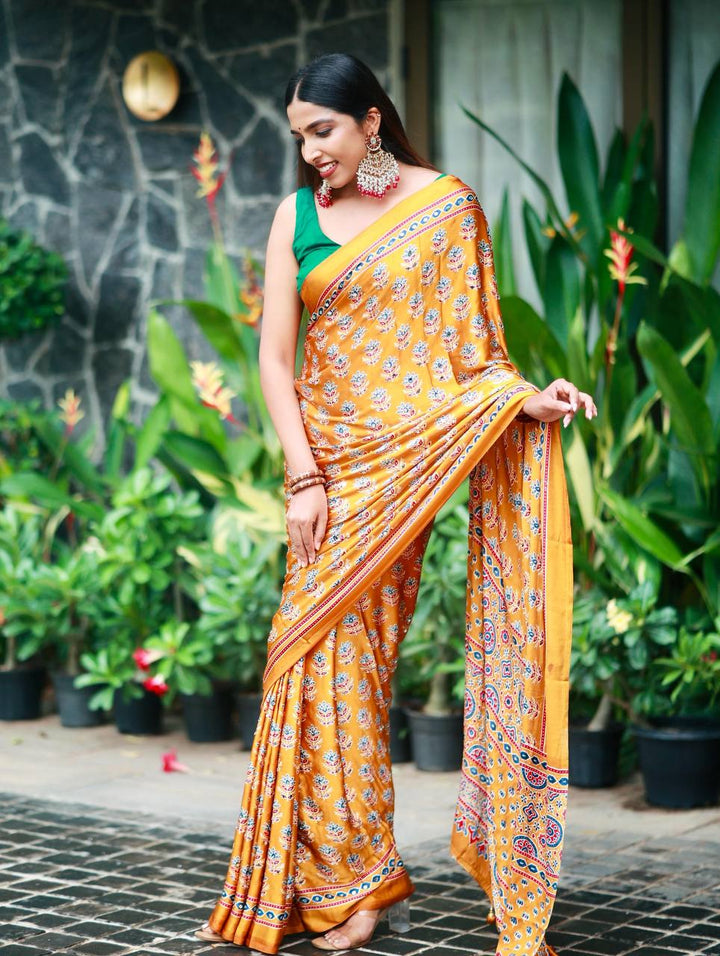 Designer Soft Satin Crepe Ajrakh Print Saree with Real Mirror Work &amp; Latkan - YELLOW