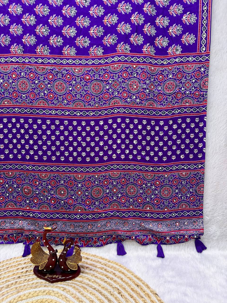Designer Soft Satin Crepe Ajrakh Print Saree with Real Mirror Work &amp; Latkan - BLUE