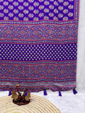 Designer Soft Satin Crepe Ajrakh Print Saree with Real Mirror Work & Latkan - BLUE