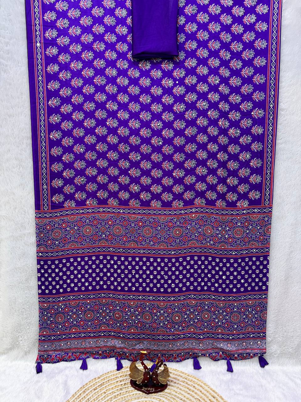 Designer Soft Satin Crepe Ajrakh Print Saree with Real Mirror Work &amp; Latkan - BLUE