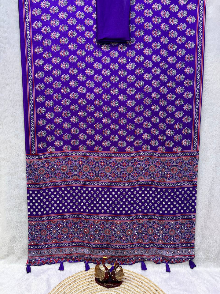 Designer Soft Satin Crepe Ajrakh Print Saree with Real Mirror Work &amp; Latkan - BLUE