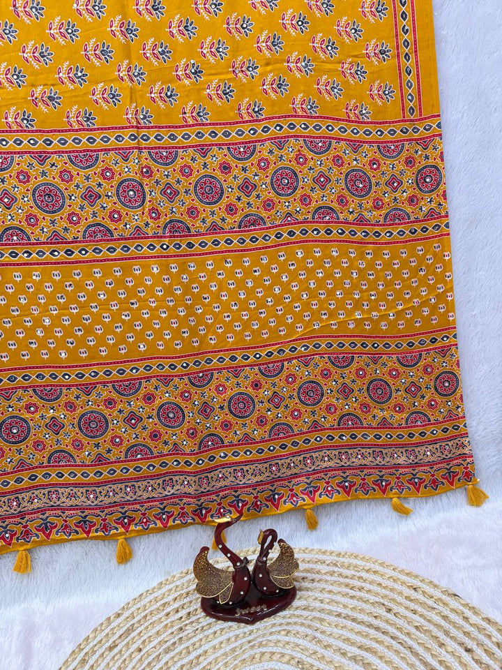 Designer Soft Satin Crepe Ajrakh Print Saree with Real Mirror Work &amp; Latkan - YELLOW