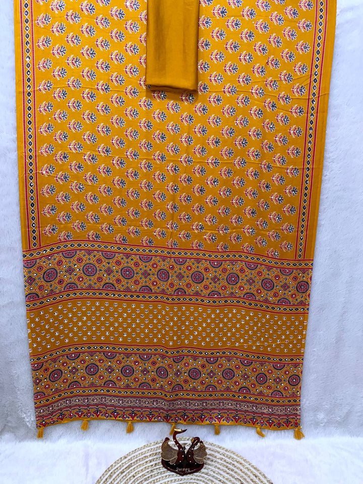 Designer Soft Satin Crepe Ajrakh Print Saree with Real Mirror Work &amp; Latkan - YELLOW