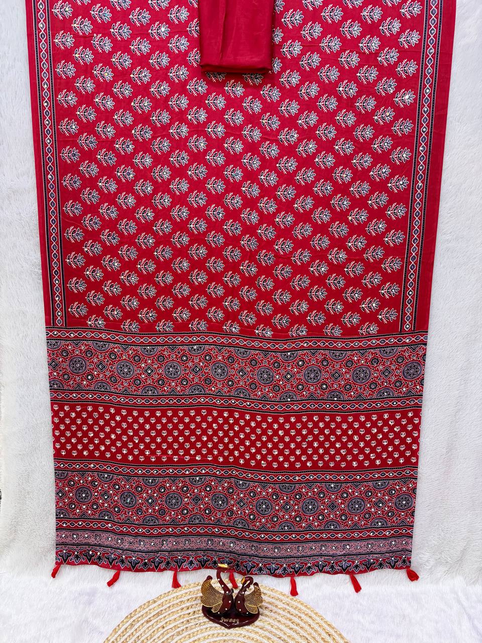 Designer Soft Satin Crepe Ajrakh Print Saree with Real Mirror Work &amp; Latkan - PINK