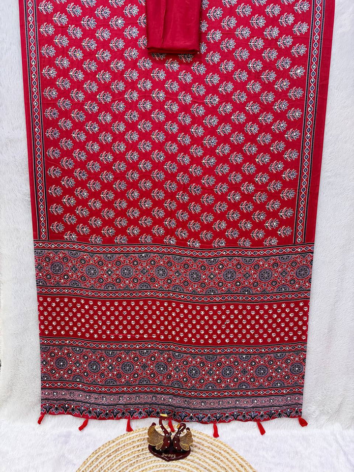 Designer Soft Satin Crepe Ajrakh Print Saree with Real Mirror Work &amp; Latkan - PINK