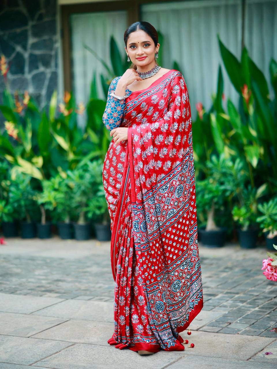 Designer Soft Satin Crepe Ajrakh Print Saree with Real Mirror Work &amp; Latkan - PINK