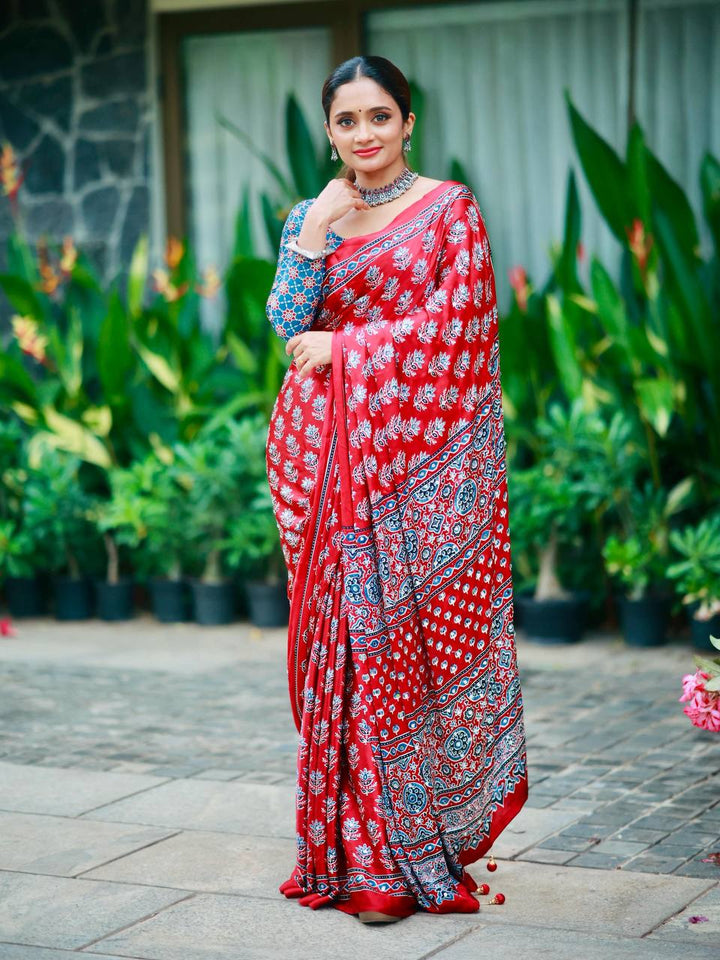 Designer Soft Satin Crepe Ajrakh Print Saree with Real Mirror Work &amp; Latkan - PINK
