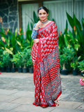 Designer Soft Satin Crepe Ajrakh Print Saree with Real Mirror Work & Latkan - PINK