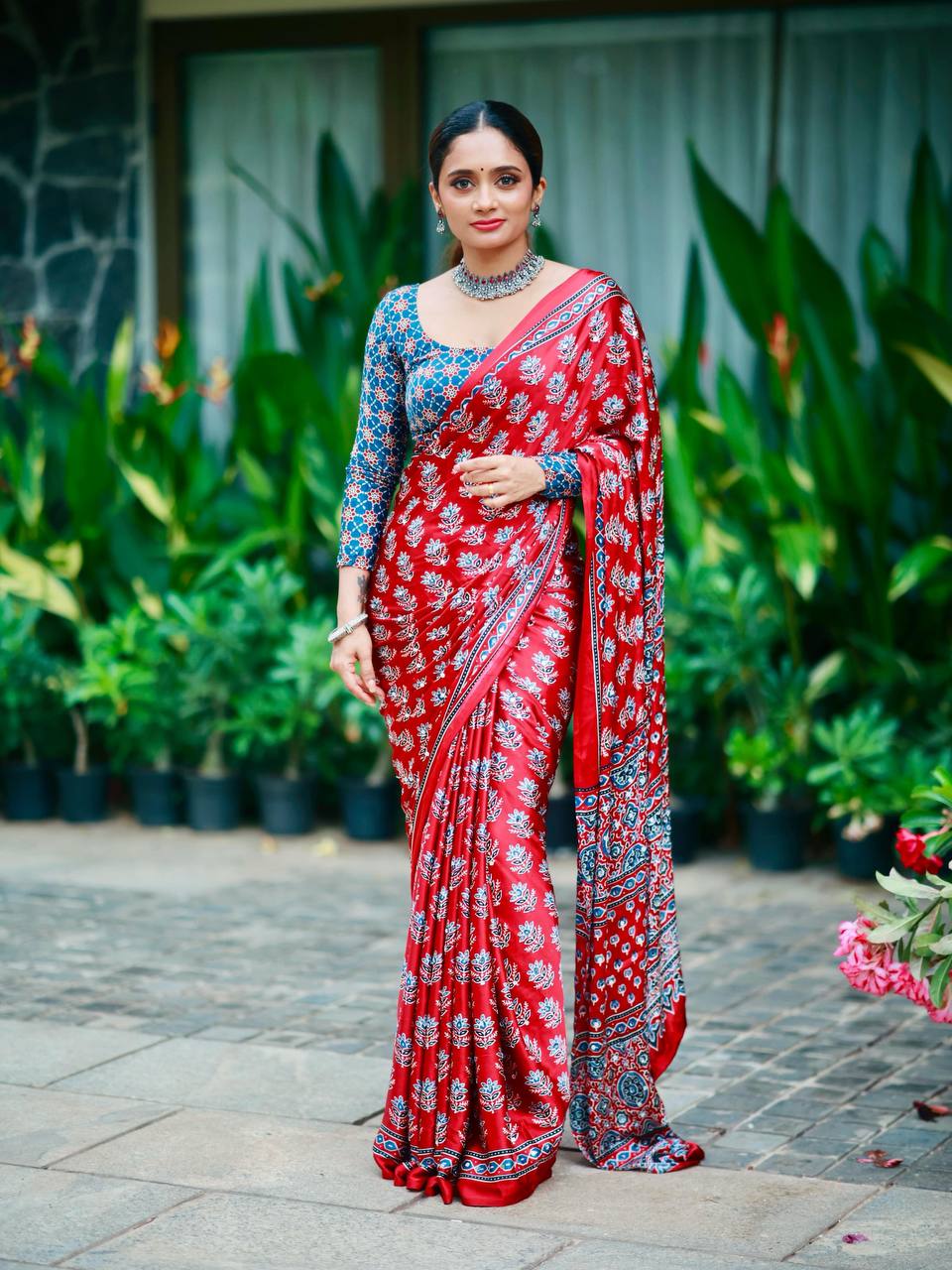 Designer Soft Satin Crepe Ajrakh Print Saree with Real Mirror Work &amp; Latkan - PINK