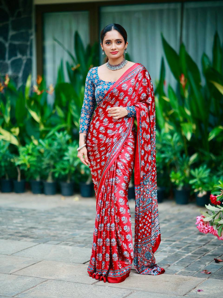 Designer Soft Satin Crepe Ajrakh Print Saree with Real Mirror Work &amp; Latkan - PINK
