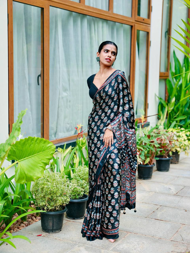 Designer Soft Satin Crepe Ajrakh Print Saree with Real Mirror Work &amp; Latkan - BLACK