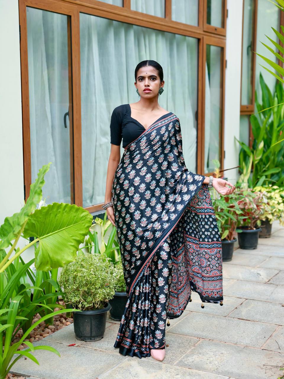 Designer Soft Satin Crepe Ajrakh Print Saree with Real Mirror Work &amp; Latkan - BLACK
