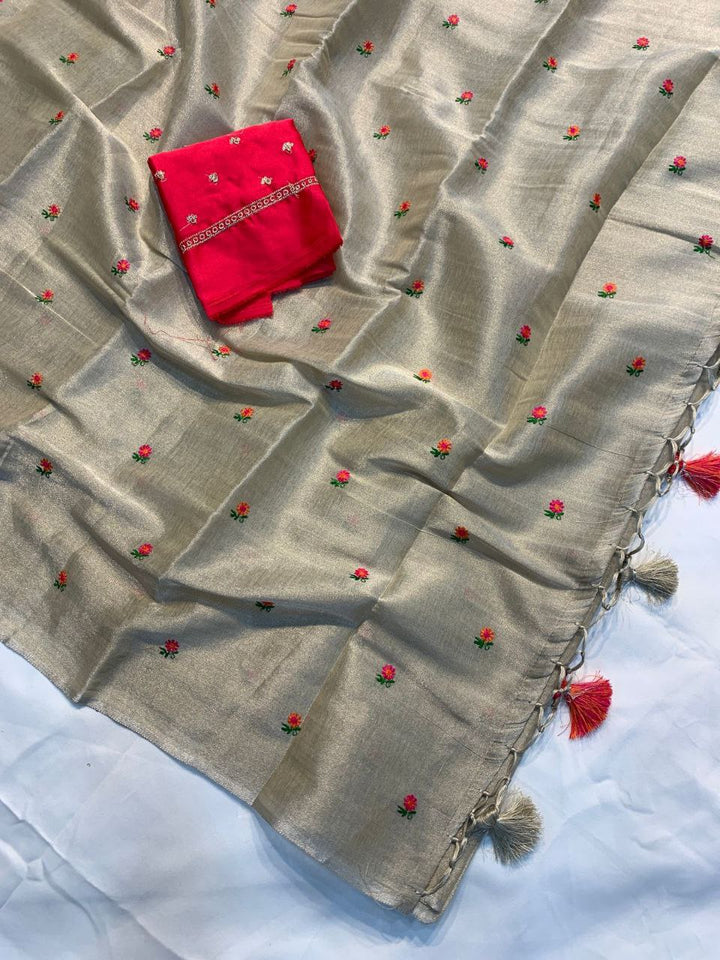 Rainbow Thread Work Linen Saree - SILVER GLOD