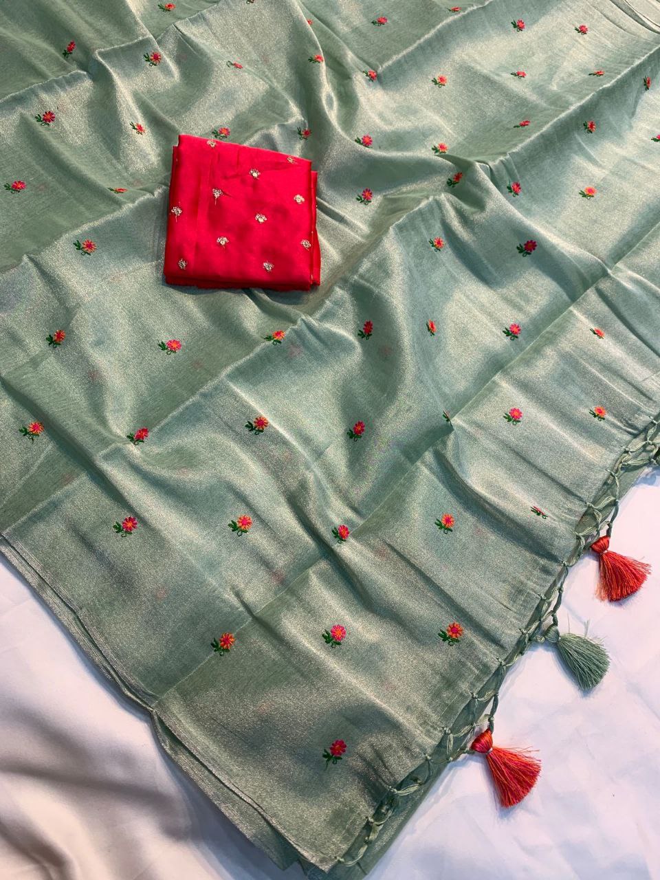 Rainbow Thread Work Linen Saree - GREEN