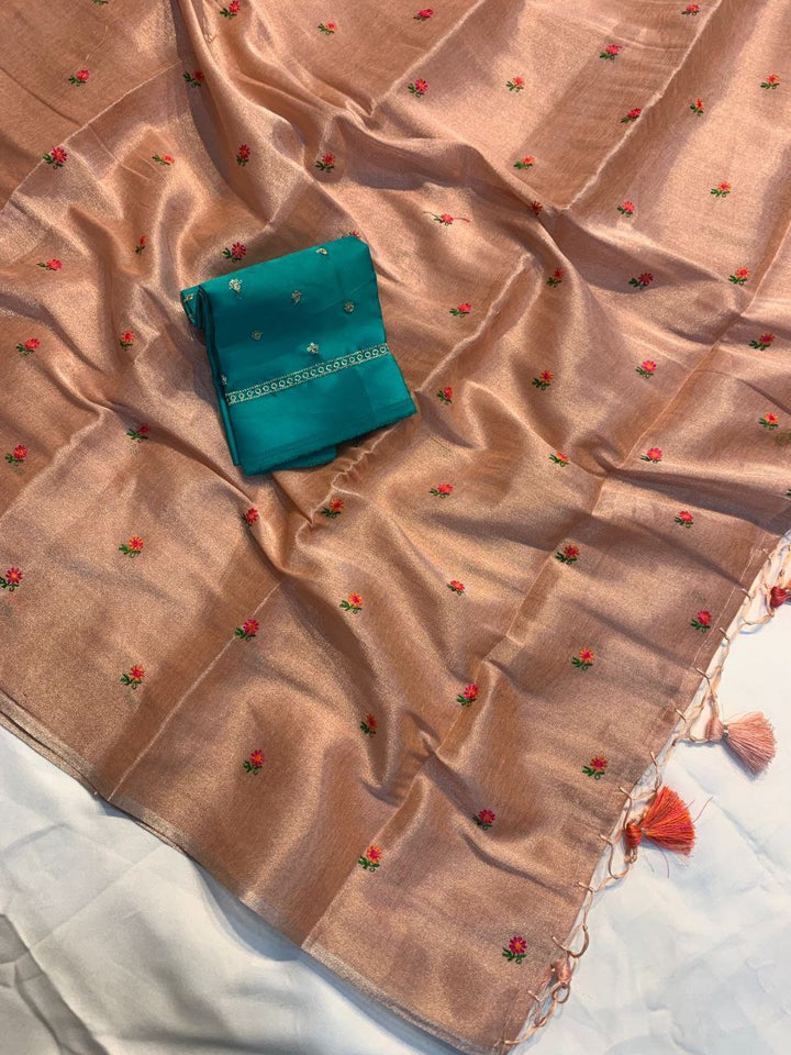 Rainbow Thread Work Linen Saree - PEACH