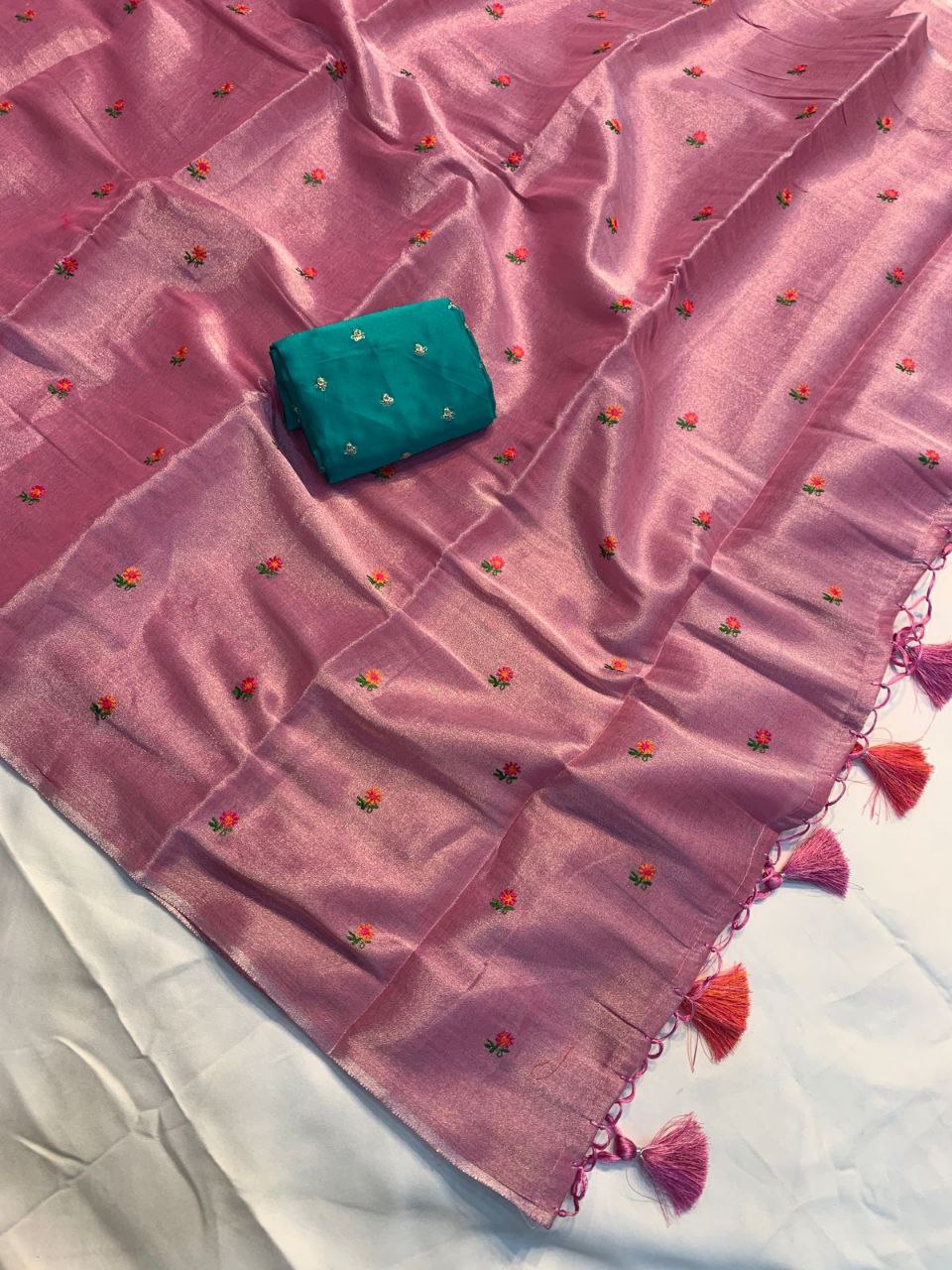 Rainbow Thread Work Linen Saree - PINK