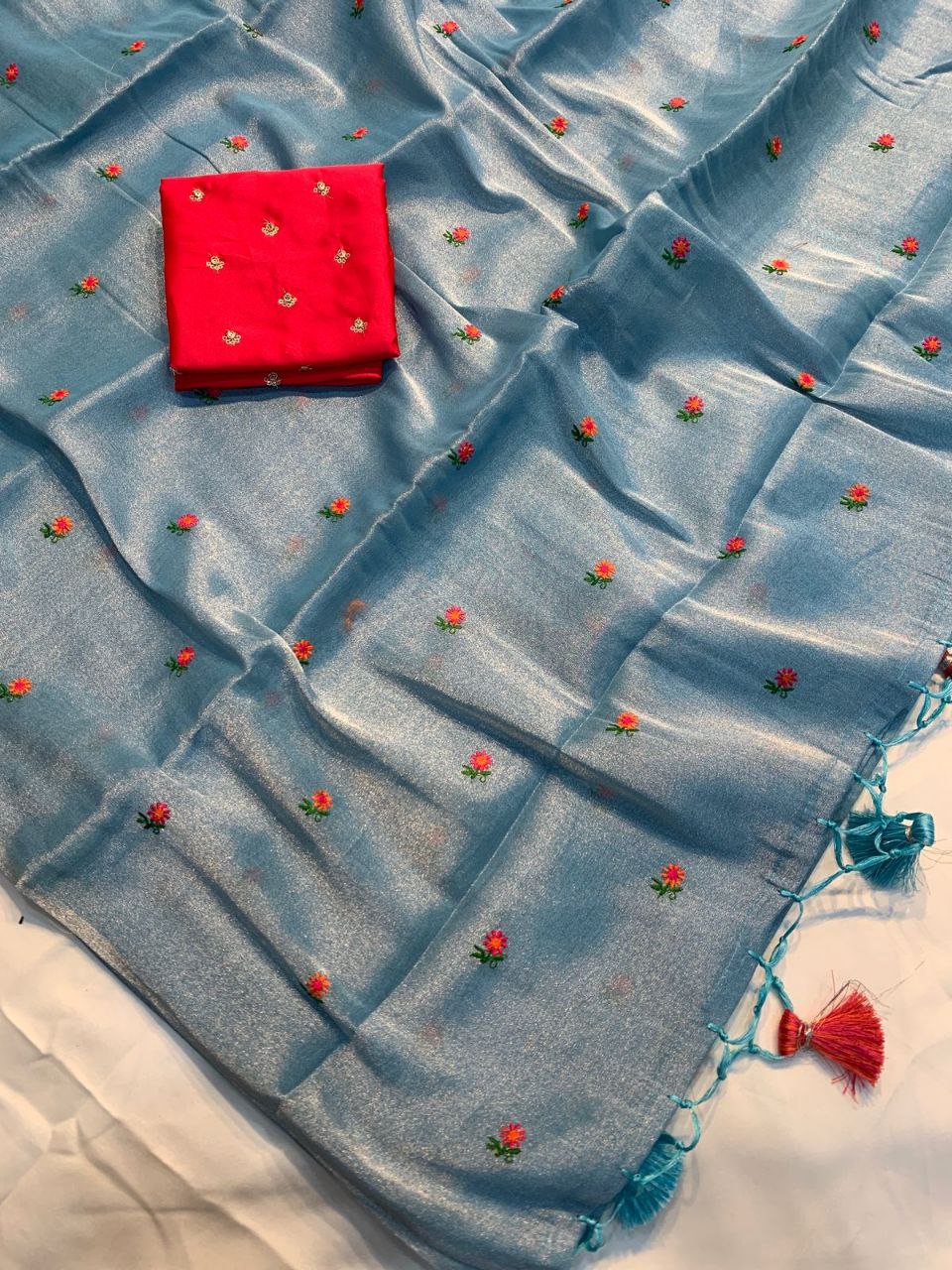 Rainbow Thread Work Linen Saree - SKY
