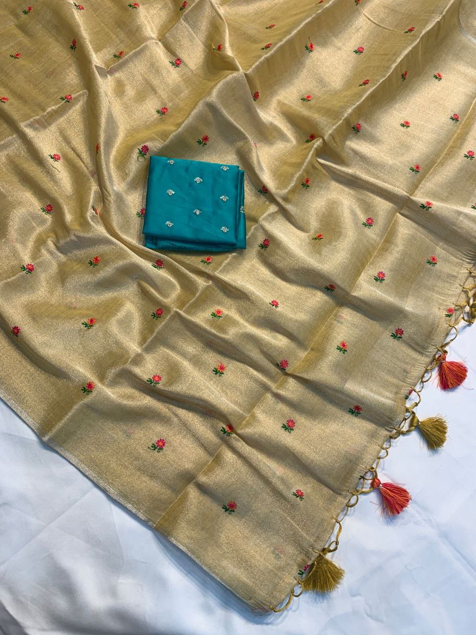 Rainbow Thread Work Linen Saree - GOLD