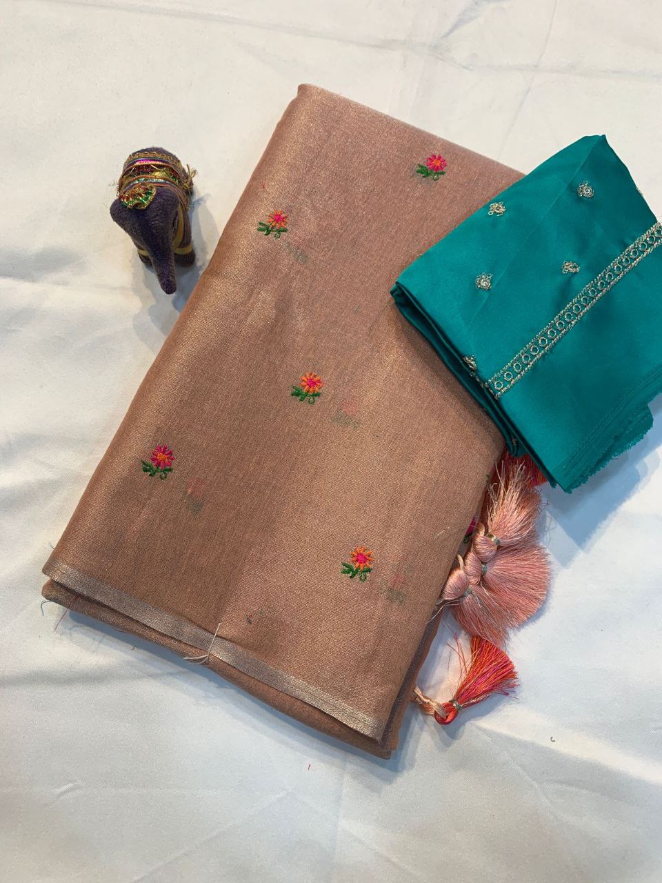 Rainbow Thread Work Linen Saree - PEACH