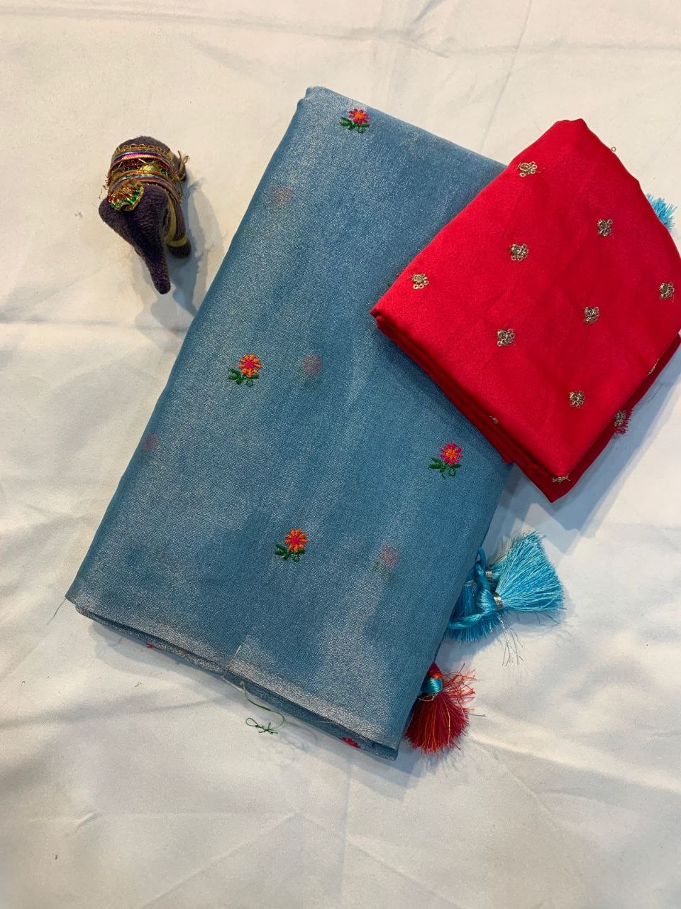 Rainbow Thread Work Linen Saree - SKY