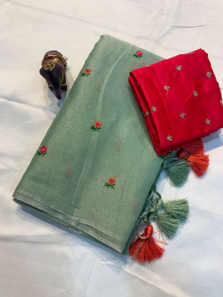 Rainbow Thread Work Linen Saree - GREEN