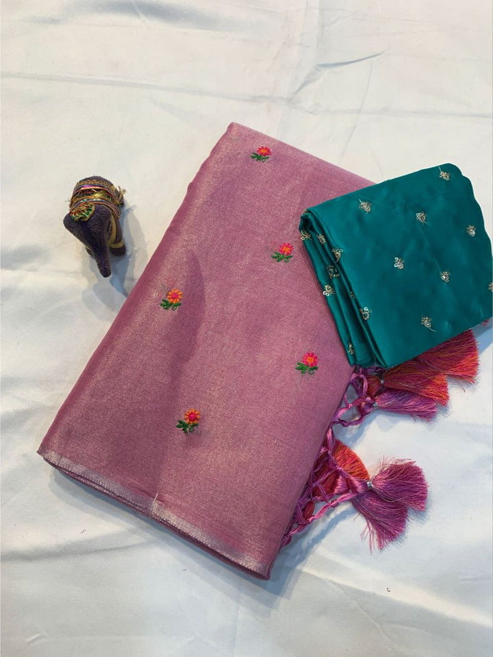 Rainbow Thread Work Linen Saree - PINK