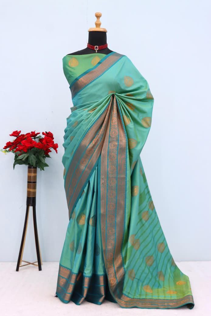 Royal Aqua Blue Banarasi Silk Saree with Contrast Purple Zari Border - SKY
