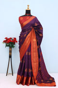 Royal Aqua Blue Banarasi Silk Saree with Contrast Purple Zari Border - WINE