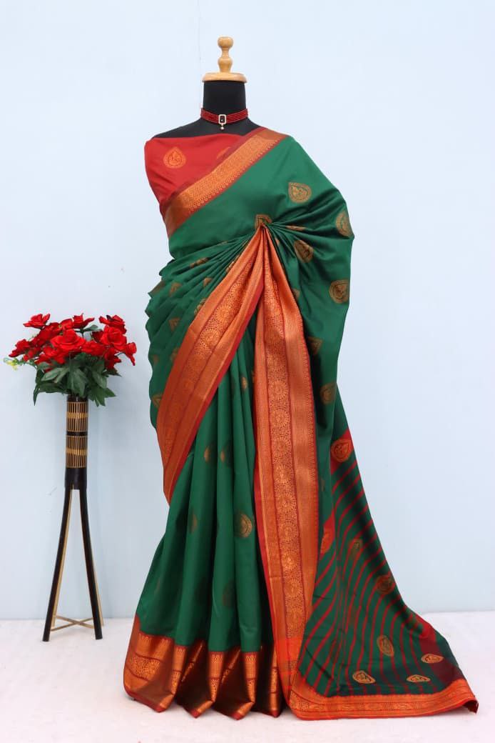 Royal Aqua Blue Banarasi Silk Saree with Contrast Purple Zari Border - GREEN