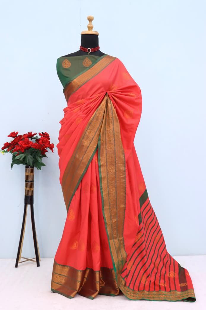 Royal Aqua Blue Banarasi Silk Saree with Contrast Purple Zari Border - ORANGE