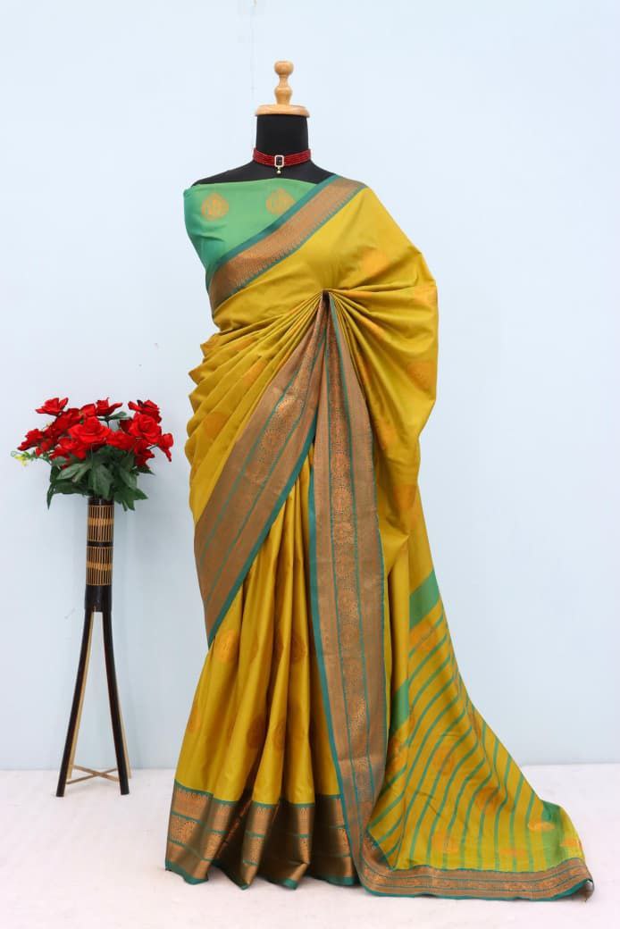 Royal Aqua Blue Banarasi Silk Saree with Contrast Purple Zari Border - YELLOW